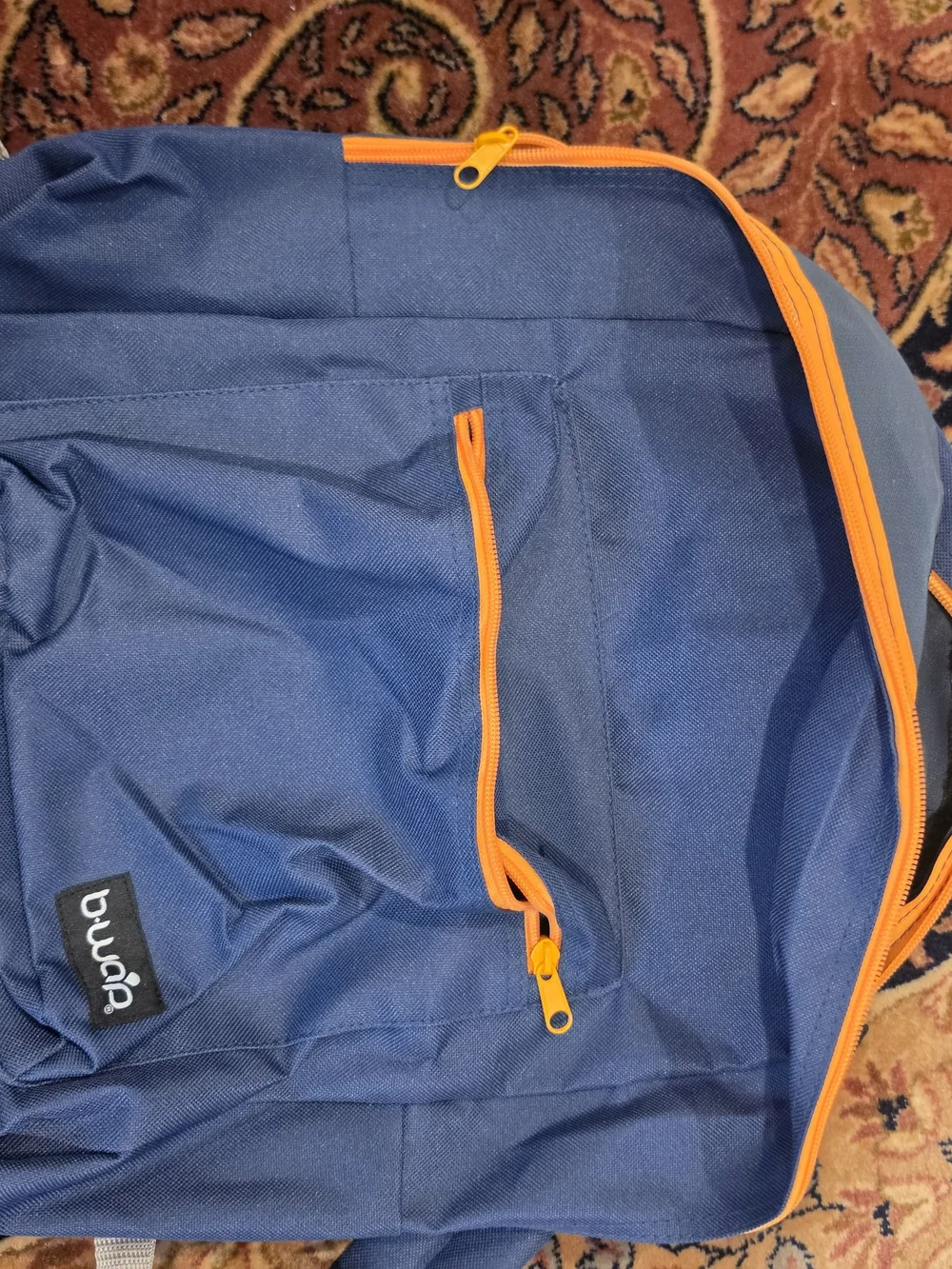 Navy Backpack with Orange Zippers